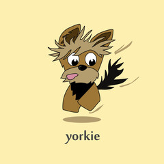 A cheerful cartoon image of a small dog of the Yorkshire terrier breed. Stylized puppy logo. Cute animal emotions.