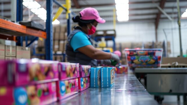 A female worker in a warehouse packing colorful boxes on an assembly line.