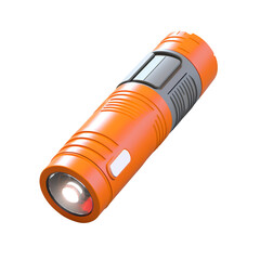 Orange and gray flashlight with light shining out of the front, isolated on transparent background cutout, PNG file