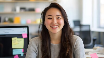 Young white Asian female model wearing a shirt at work. smiling cheerfully looking at the camera