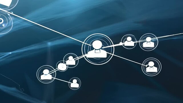 Digital icons of businesspeople, symbolizing corporate network and connections. This image highlights global communication and the worldwide company team structure, showcasing wireless community infor
