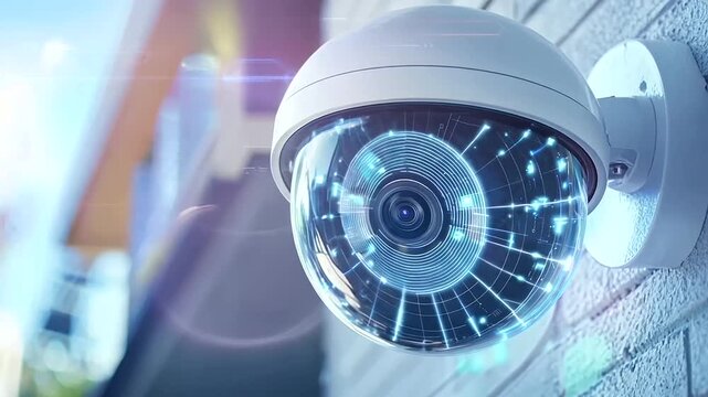 digital screen around the CCTV security camera, mounted on the house wall. This image highlights home security, video surveillance, protection, monitoring, and movement observation