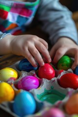 Hand reaching into tray of painted eggs