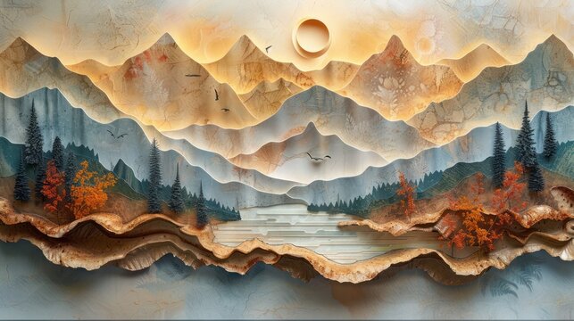 3D relief wallpaper with painting of a sunset and the moon. wall  art oil painting 