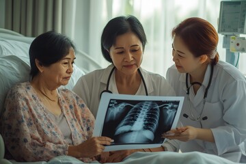 Doctors and nurses served the grandmother in the hospital, explaining the X-ray results patiently. They provide the necessary medical information and care, making sure grandma feels at ease and gets f