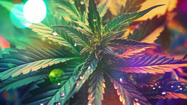 Close-up of a cannabis plant with water droplets and vibrant lights