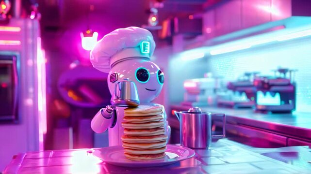 Robot chef with pancakes and syrup in futuristic neon kitchen. Concept of technology and culinary innovation