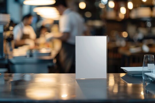 Photo of a well-lit restaurant interior featuring a table with menu and place card, a staff person in the background, and a menu stand for serving patrons.