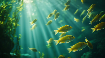 Fototapeta na wymiar Schools of yellow fish swimming gracefully in sunlit ocean waters with vibrant underwater vegetation