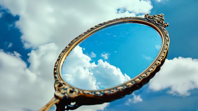 Vintage mirror reflecting cloudy blue sky, surreal concept