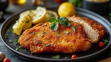 Traditional German Schnitzel with lemon slice