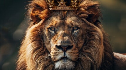 Male lion with battle scars wearing a king of the jungle crown