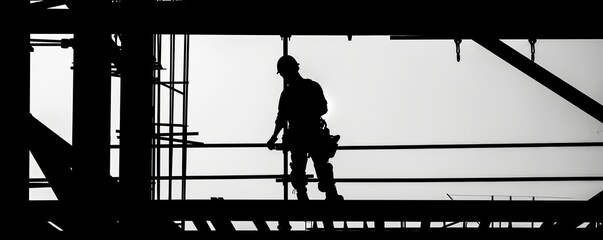 Naklejka premium Silhouette of a Construction Worker on Scaffolding.