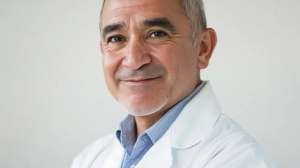 Portrait of a smiling doctor wearing a lab coat, conveying trust and expertise in a medical setting. His reassuring expression inspires confidence in his abilities as a healthcare professional