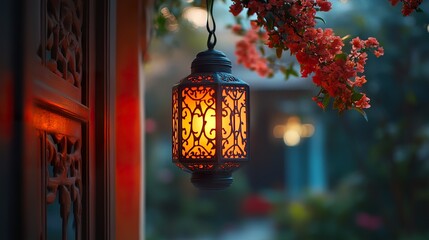 A beautifully lit Diwali lantern hanging from a balcony