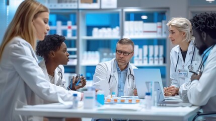 A group of diverse medical professionals gather around a table, engaged in a discussion.  Their focus and expressions suggest a collaborative effort.