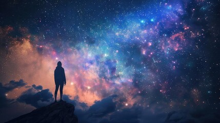Obraz premium A person stands in awe under a starry sky filled with vibrant colors and cosmic wonders, exploring the beauty of the universe.