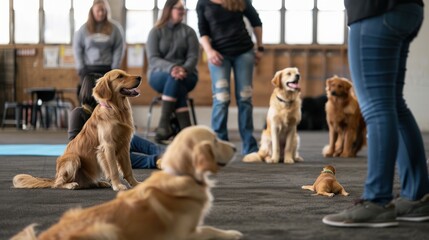 A group of dogs and their owners participate in a training class, focusing on obedience and teamwork.