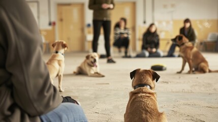 A group of dogs and their owners sit in a classroom setting, learning obedience commands from an instructor.