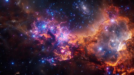 Naklejka premium Stunning deep space nebula with vibrant colors, stars, and cosmic dust creating a captivating view of the universe's mysterious beauty.