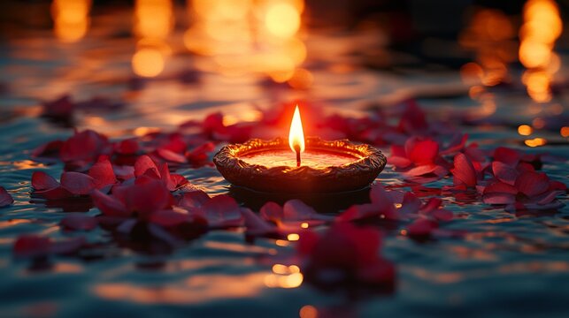 A close-up of a diya floating on water with flower petals during Diwali
