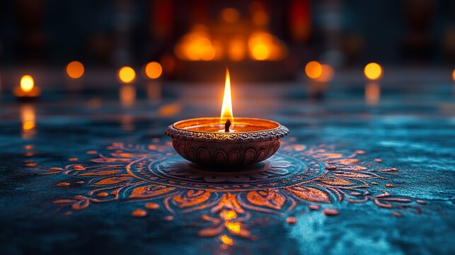 A close-up of a diya placed in front of a rangoli design