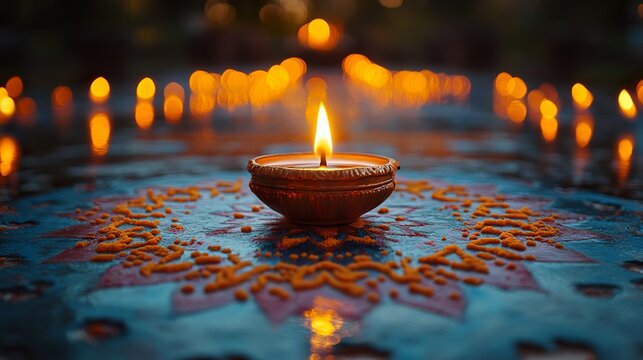 A close-up of a diya placed in front of a rangoli design