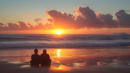 Romantic Couple Watching Serene Sunrise on Scenic Beach