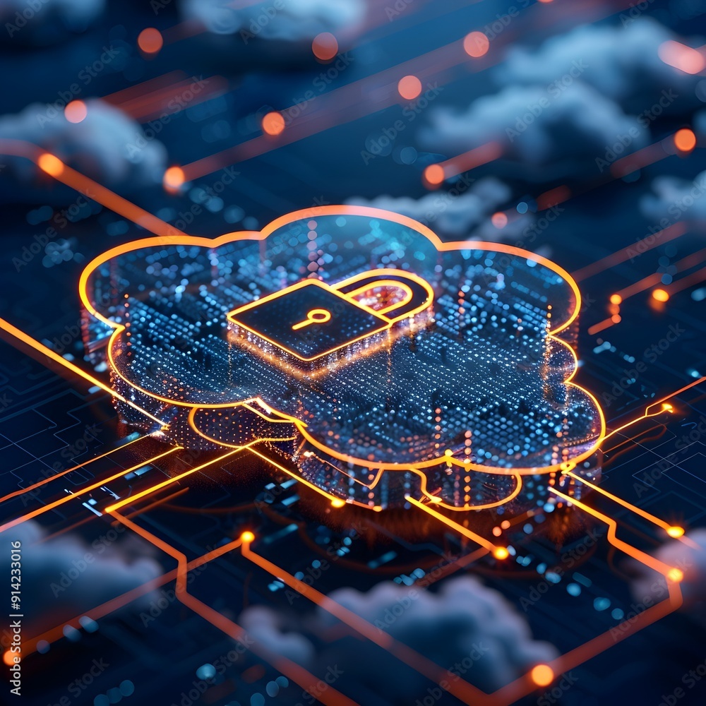 Poster secure digital cloud computing concept with padlock and data flow