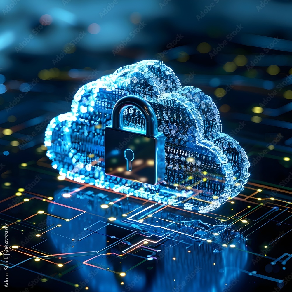 Poster secure digital cloud computing with padlock and data flow
