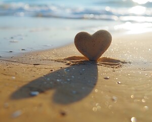 Fototapeta premium Heart Shape Drawn in the Sand on a Tranquil Beach with Ocean Waves in the Background