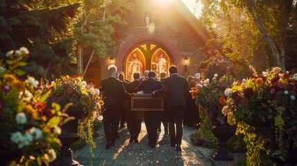 A group of mourners carry a coffin towards a church, bathed in the golden light of the setting sun. The image evokes a sense of solemnity and reflection.