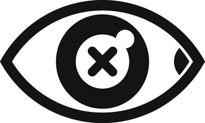 Simple black and white icon of a human eye with a cross showing blindness concept