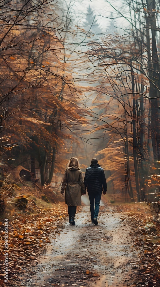 Canvas Prints Couple Strolling Down Autumn Forest Path in Serene Landscape