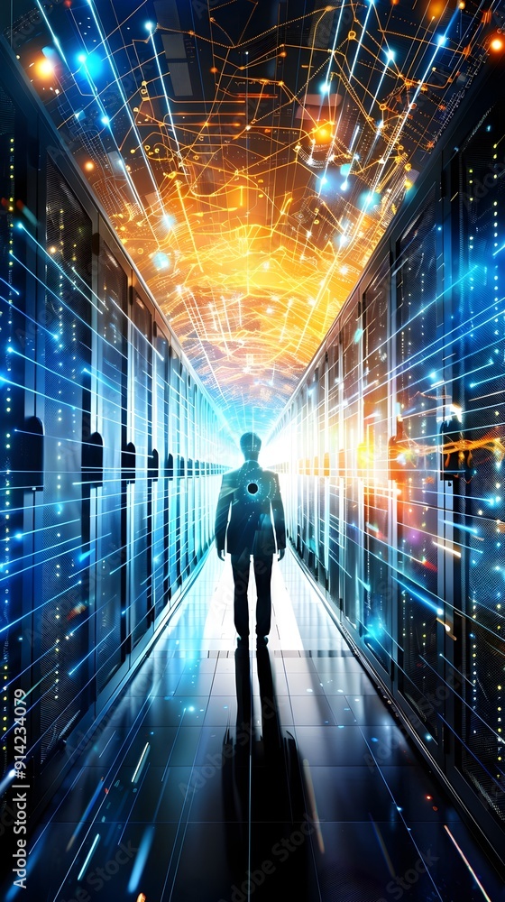 Poster silhouette of a man walking through a server room with lines of light.