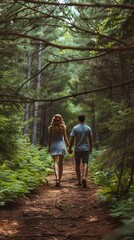 Fototapeta premium Couple Embracing on Peaceful Forest Trail Intimate Love Concept