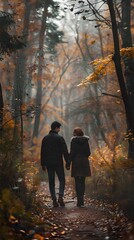 Fototapeta premium Couple Strolling Hand in Hand on Autumn Forest Path Peaceful and Intimate Love Concept