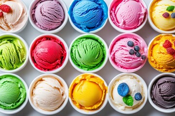 Ice cream in white bowls, with various flavors, viewed from the top