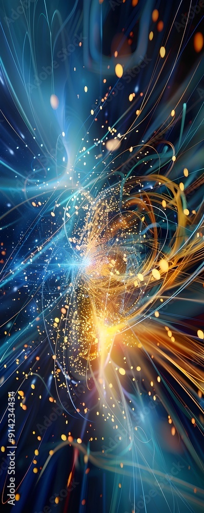 Poster abstract light lines and glowing particles.