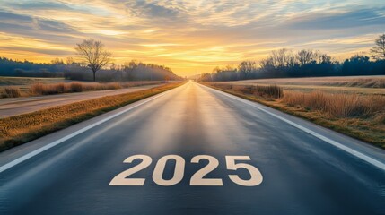In the middle of the road in the new year of 2025, 2025 text is written and a bright sun sky background is visible behind it.
