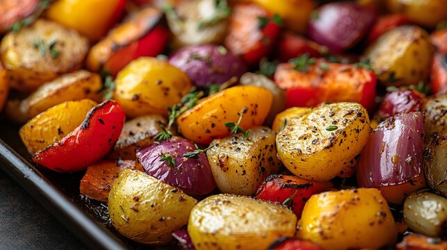 A close-up of a Thanksgiving roasted vegetable medley