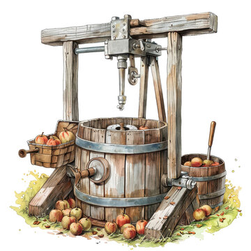 A vintage apple press used for cider-making with fresh apples and wooden barrels in a rustic setting. PNG transparent background.