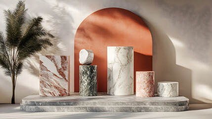Product Podium with Marble and Stone Shapes, 3D Render