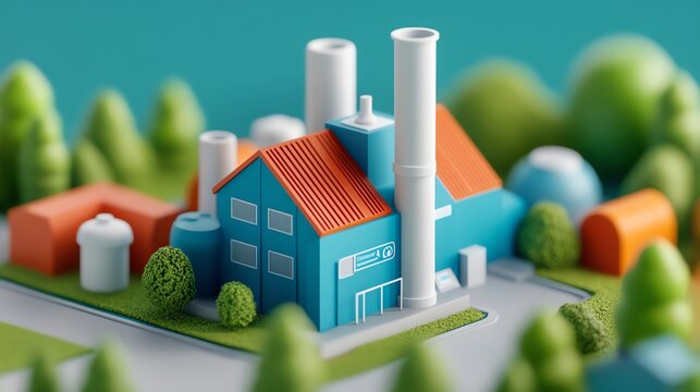 A colorful factory model surrounded by green trees and buildings, representing industry and innovation in a vibrant landscape.