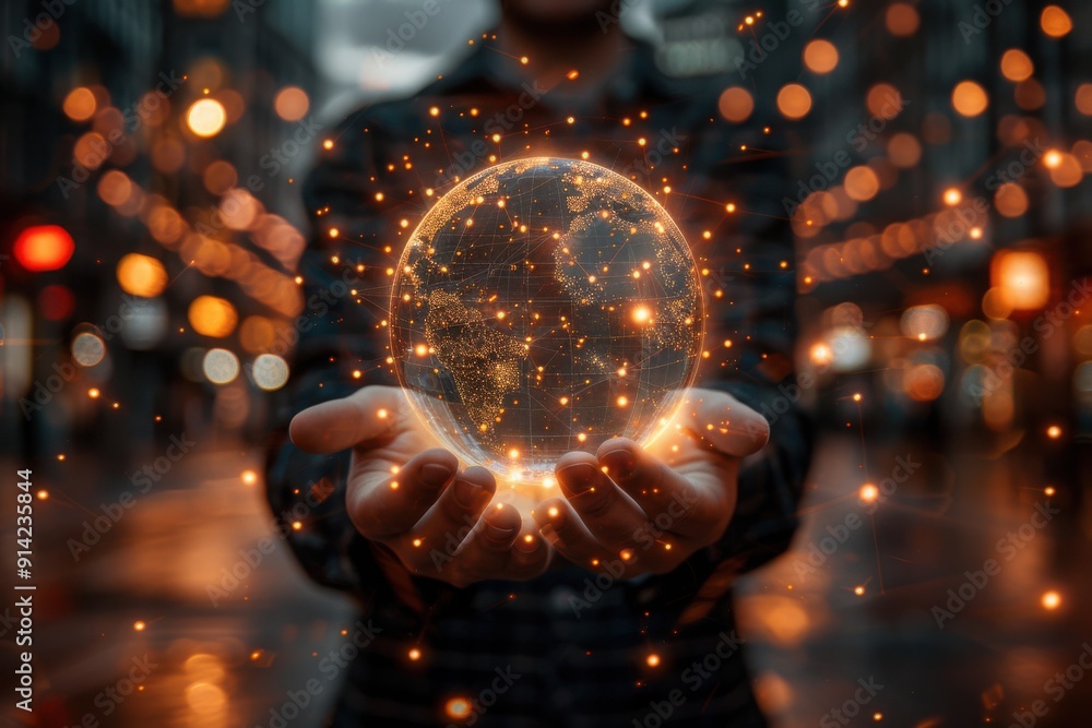 Poster a futuristic image of a person holding a glowing globe in their hands. the globe is illuminated with