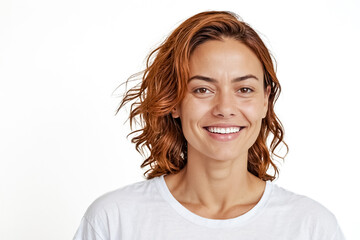 Portrait of a happy woman with red hair smiling against a white background