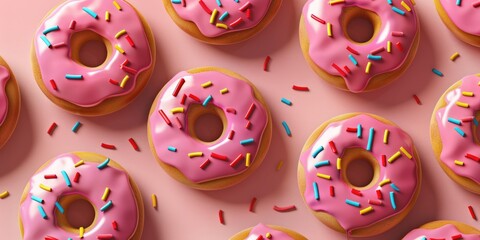 Obraz premium Close up of many pink glazed donuts with sprinkles. Sweet pastry food items, perfect for dessert.