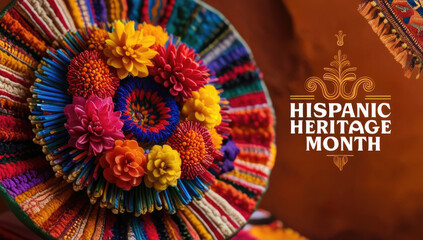 Vibrant macro photograph of colorful flowers and textiles, celebrating Hispanic Heritage Month with rich cultural elements.