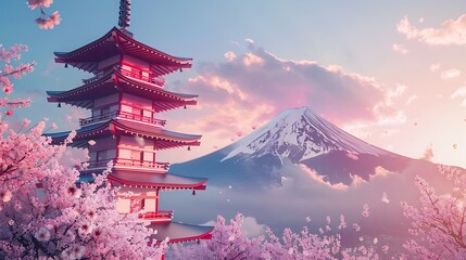 Japanese Pagoda and Mount Fuji Under a Pink Sky