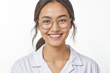 Portrait of a smiling woman in glasses and a white coat